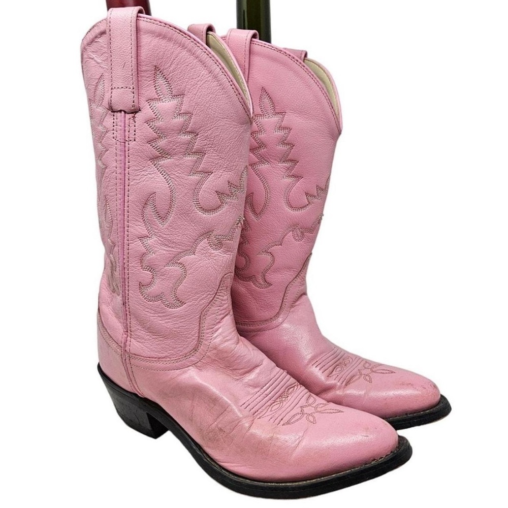 Vintage 7 7.5 Pink Cowboy Boots Western Leather Rodeo Cowgirl inlay Lucchese
